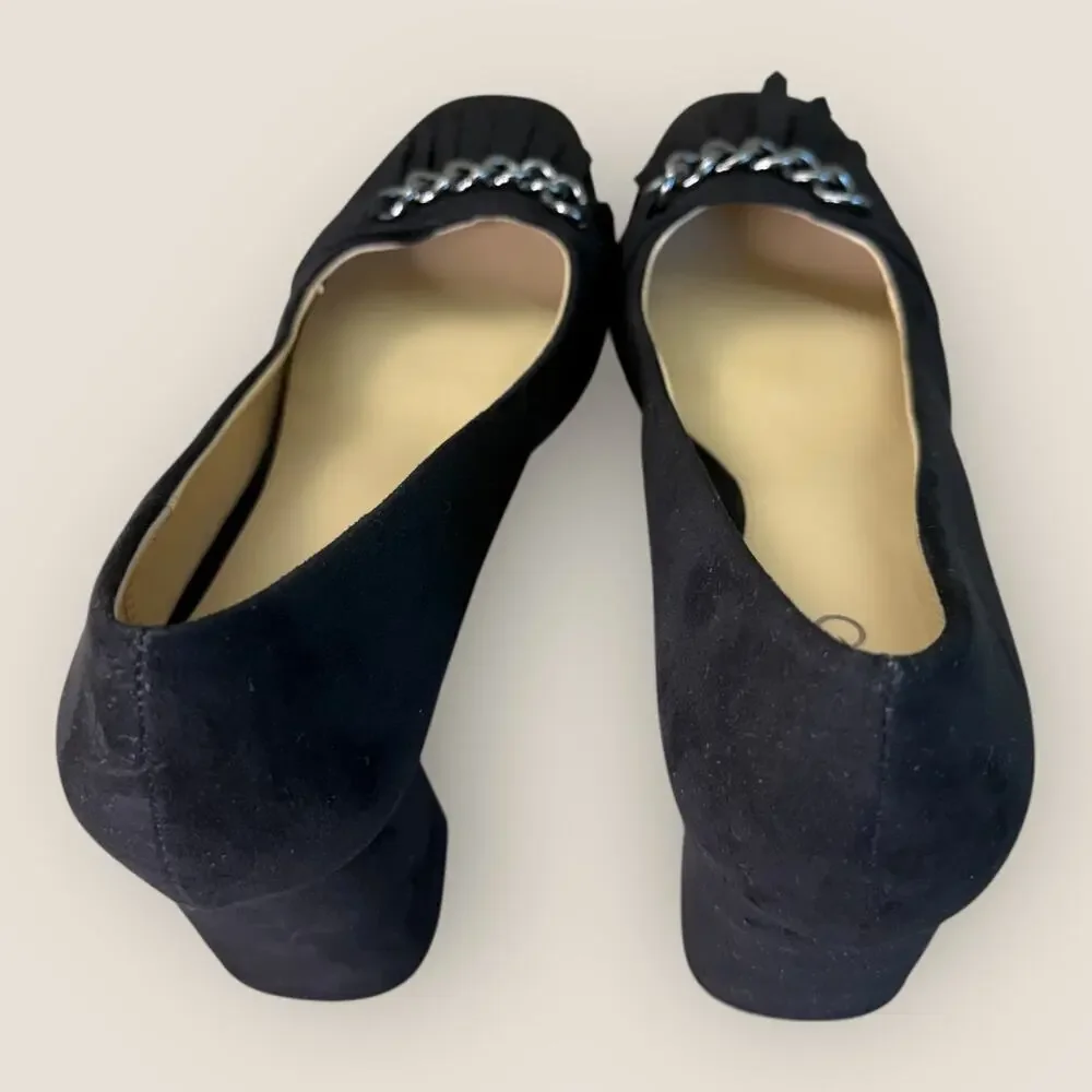 Cato Black Faux Suede Block Heel Pumps Shoes Women Size 9M Slip On Chain Link